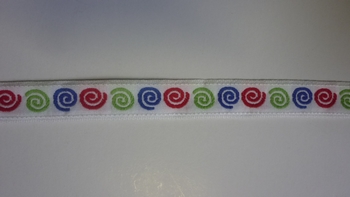 Band Wit geweven Rondjesmotief 17mm (12 m), Rood-Blauw-Groen 20,